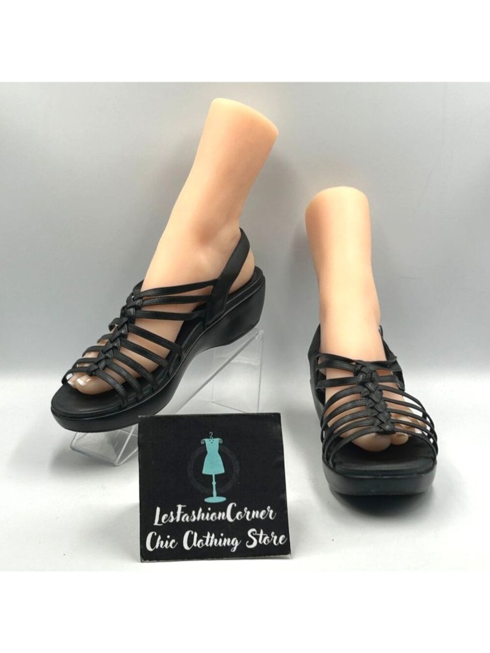 Dansko Women's Black Strappy Leather Wedge Sandals Size 9.5 3713